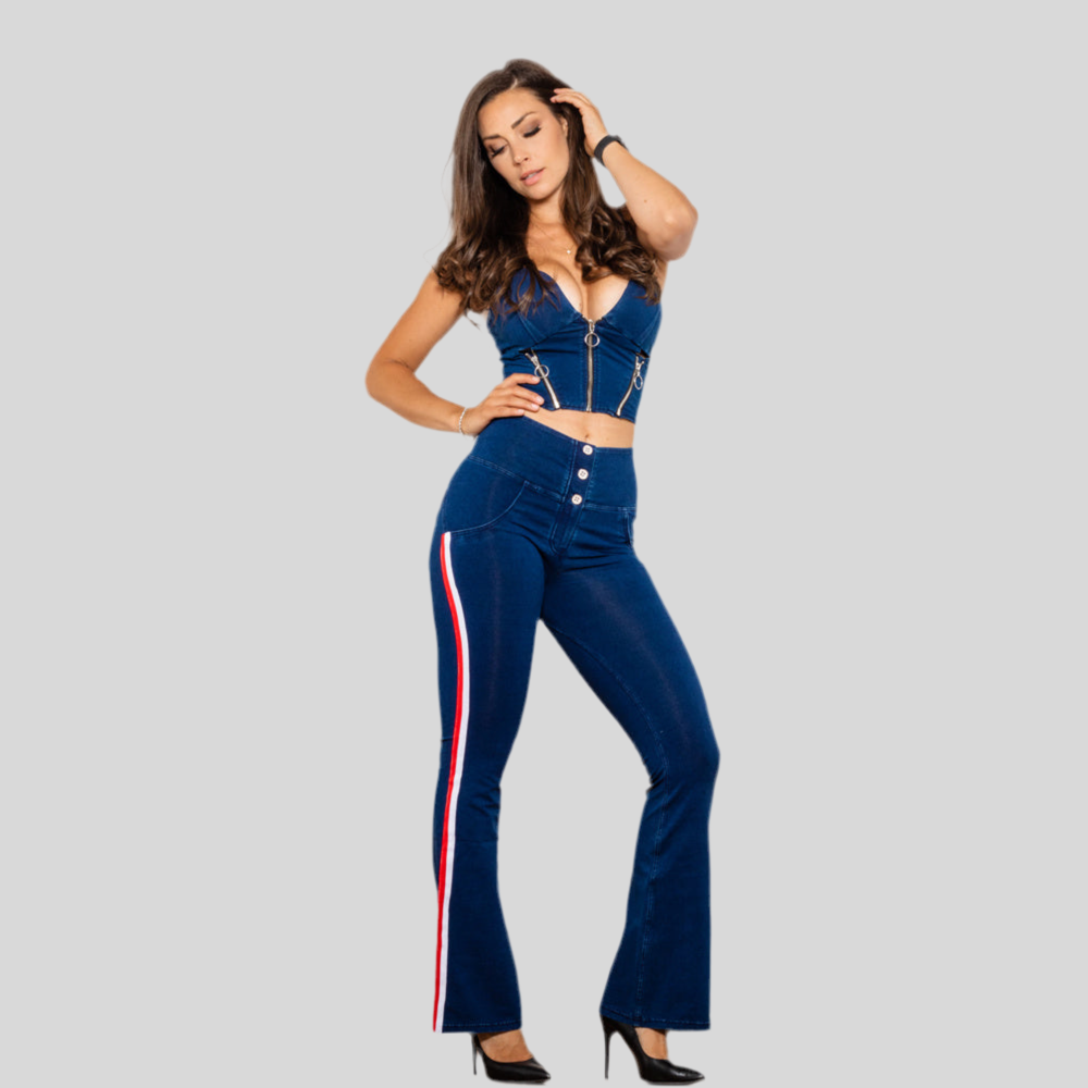 Shascullfites 2-Piece Dark Blue Striped Bum Lift Flared Jeans Set