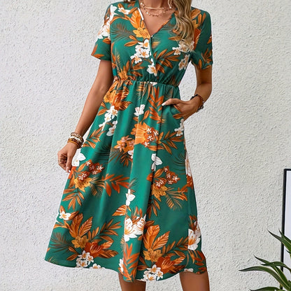 V-Neck Summer Printed Midi Dress