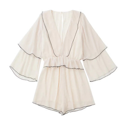 Women’s Ruffled V-Neck Playsuit with Waist Tie