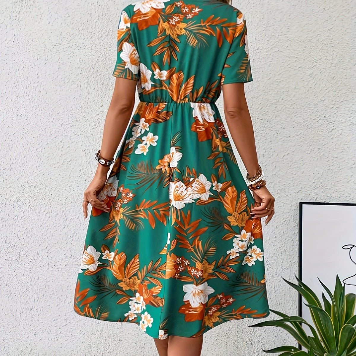 V-Neck Summer Printed Midi Dress