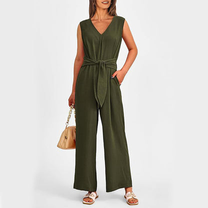 V-Neck Sleeveless Jumpsuit with Pockets and Lace-Up Wide-Leg Design