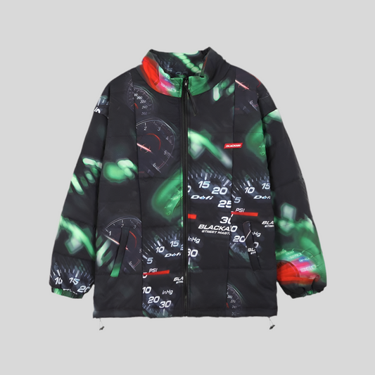 Men’s Loose Padded Jacket with Neon Speedometer Print