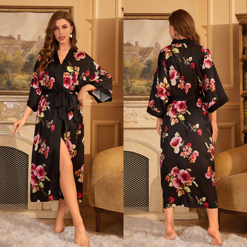 Shadow Red Satin Lace-Up Bathrobe