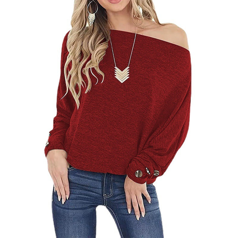 Women’s Off-shoulder Button Detail Long Sleeve Casual T-shirt