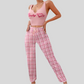 Women’s Color Matching Plaid Pajama Set with Letter Print Top