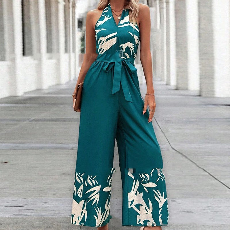 Printing Series Belt Halter Backless Jumpsuit For Women