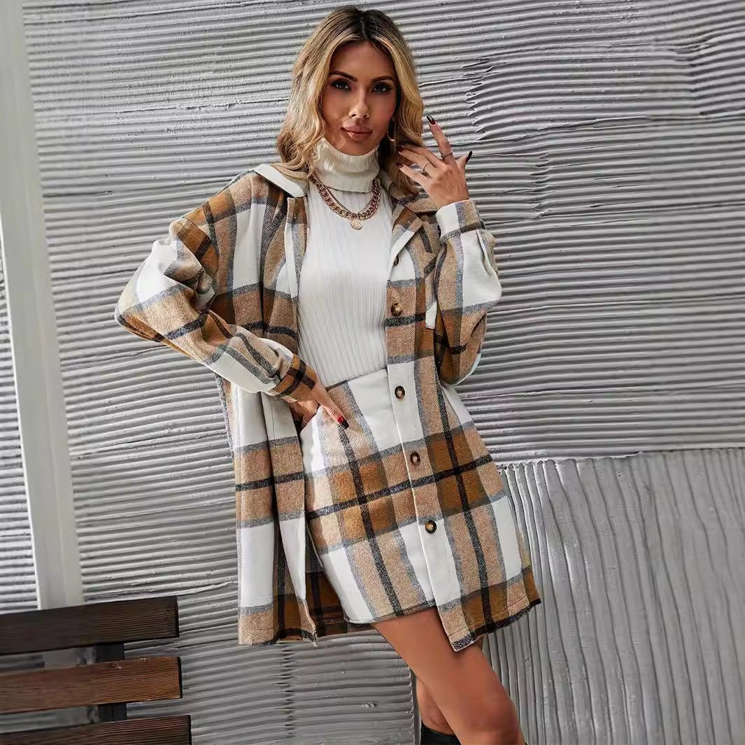 Women’s Plaid Woolen Coat and Skirt Set