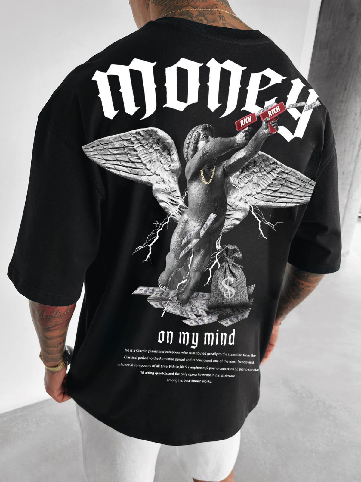 Men’s Loose Fit Money Angel Print Round Neck Short Sleeve T-Shirt