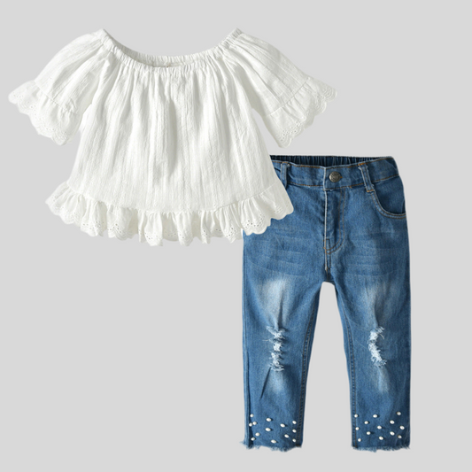 Girls Lace Pearl Jeans Set