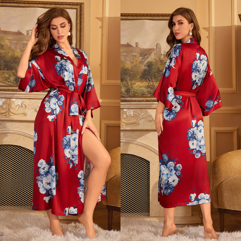 Shadow Red Satin Lace-Up Bathrobe