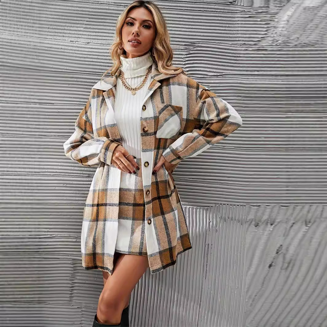 Women’s Plaid Woolen Coat and Skirt Set