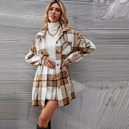 Women’s Plaid Woolen Coat and Skirt Set