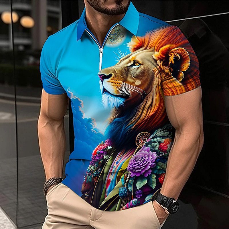 Men’s Lion Print Zip Polo Golf Shirt