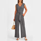 V-Neck Sleeveless Jumpsuit with Pockets and Lace-Up Wide-Leg Design