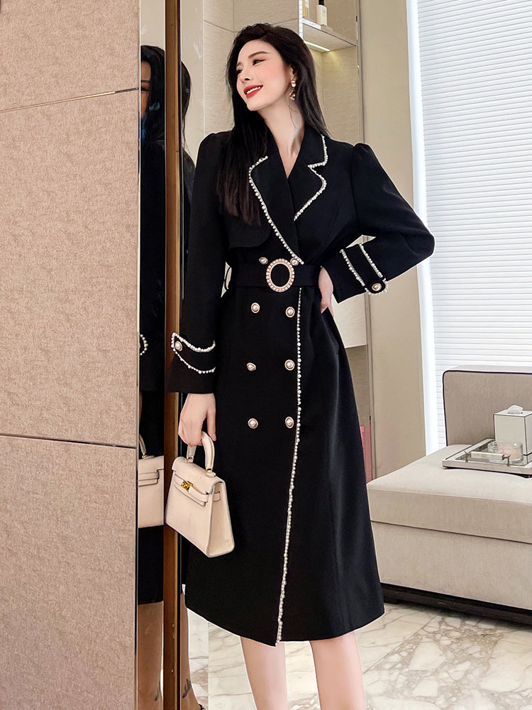 Women's Fashion Jacket Black Long Trench Coat