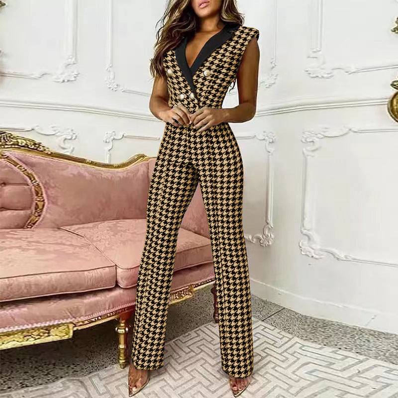 V-neck Houndstooth Jumpsuit for Women