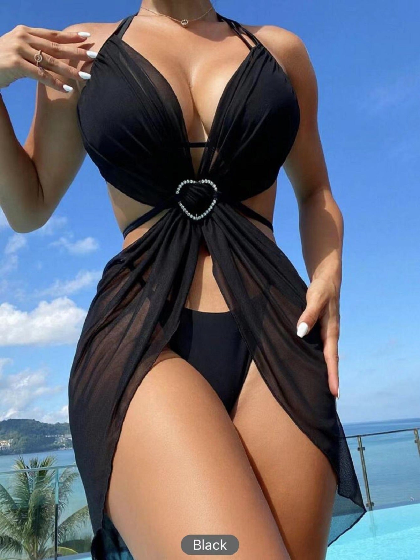 3-Piece Halter Neck Bikini Solid Color Split Swimsuit