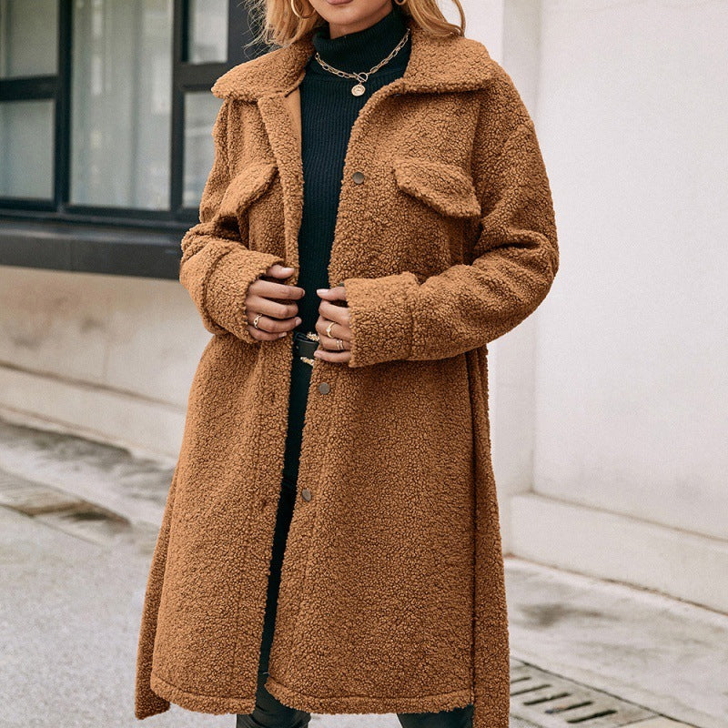 Plush Lapel Trench Coat with Belt and Single-Breasted Design