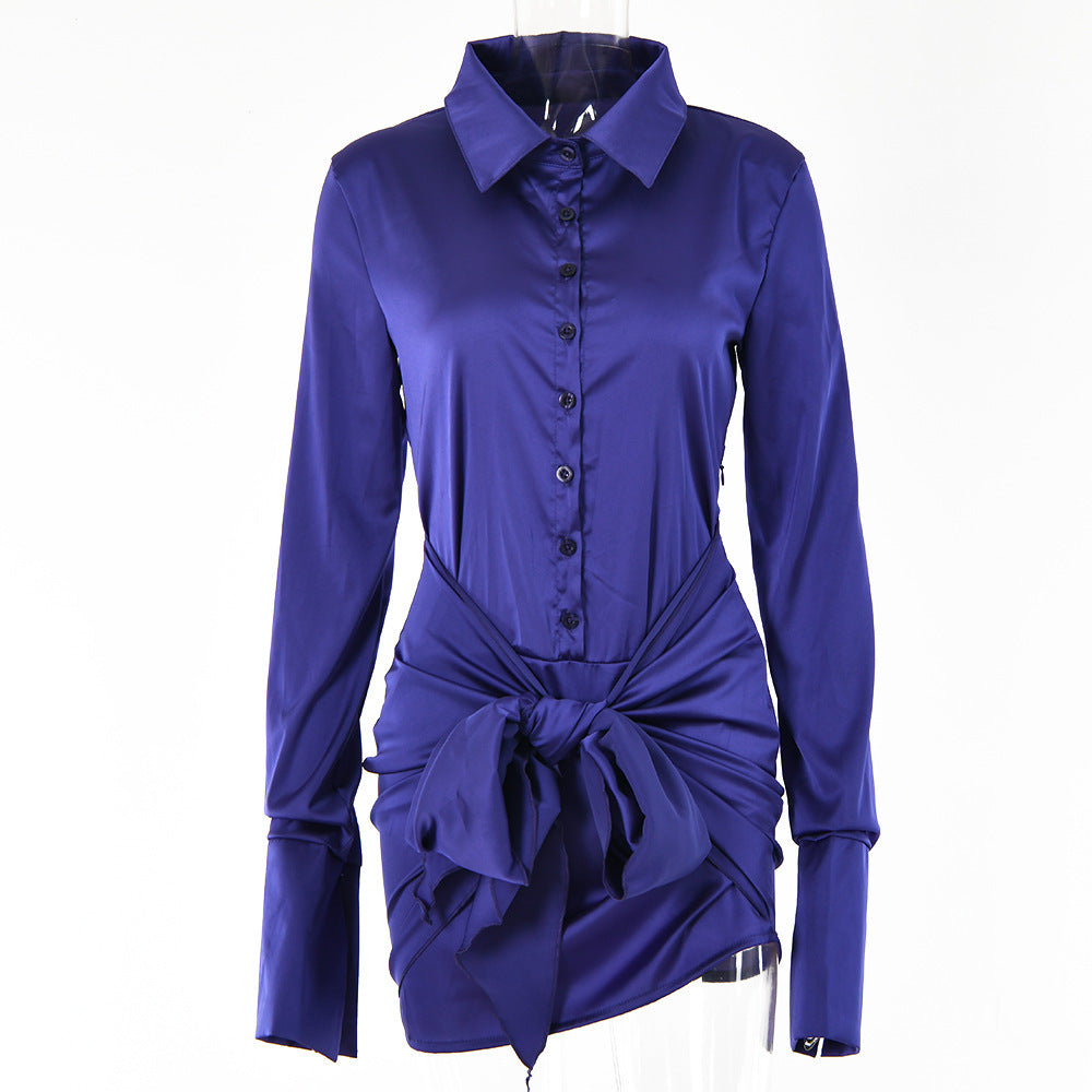 Women’s Lace-up Lapel A-line Long Sleeve Dress