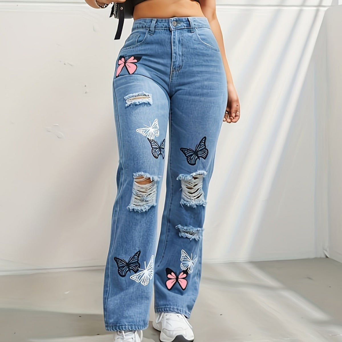 Trendy Butterfly Print High-Waisted Distressed Straight-Leg Jeans