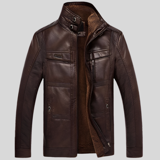 Men’s Winter Leather Biker Jacket with Oblique Zipper