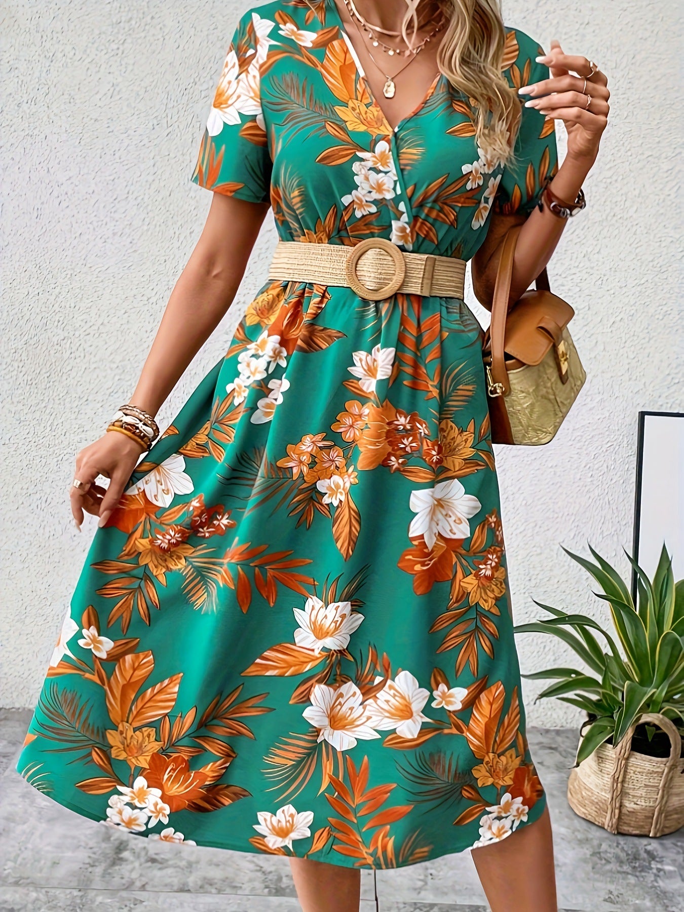 V-Neck Summer Printed Midi Dress