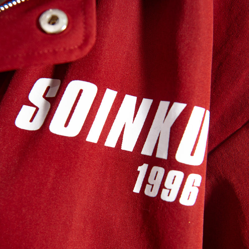 Red Solid Color Mid-length Windbreaker Jacket