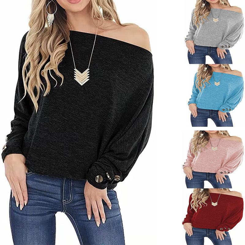 Women’s Off-shoulder Button Detail Long Sleeve Casual T-shirt