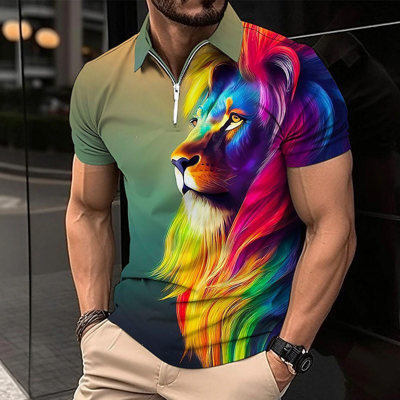 Men’s Lion Print Zip Polo Golf Shirt