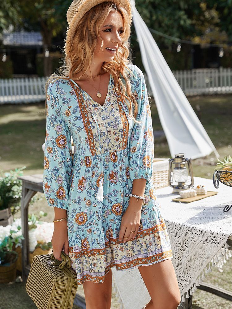 V-Neck Button-Down Boho Fringe Dress