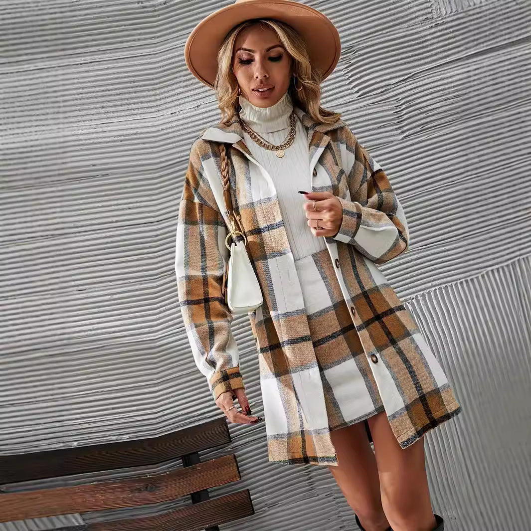 Women’s Plaid Woolen Coat and Skirt Set