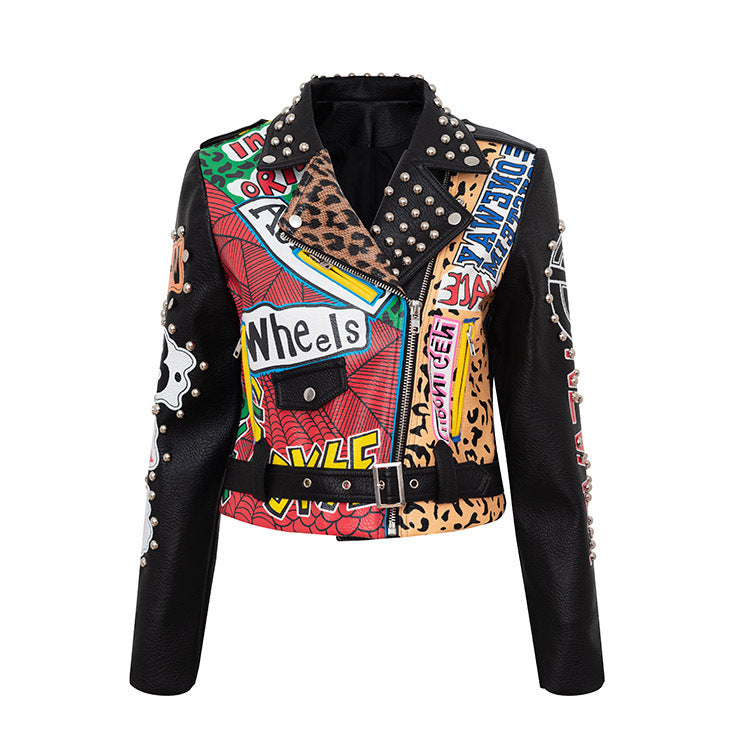 Printed Chain Leather Cropped Jacket