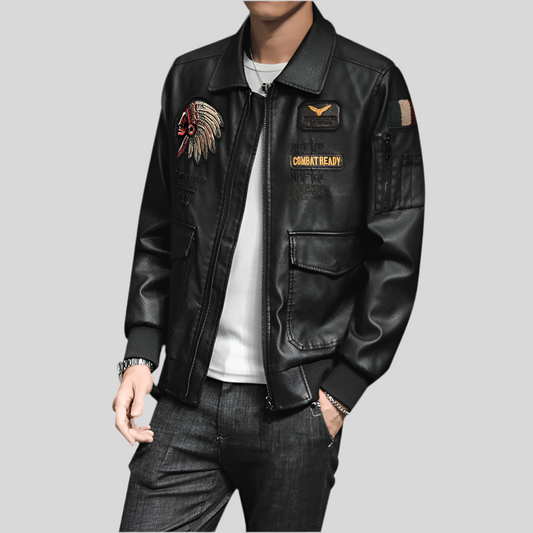 Men’s PU Leather Lapel Embroidery Motorcycle Jacket