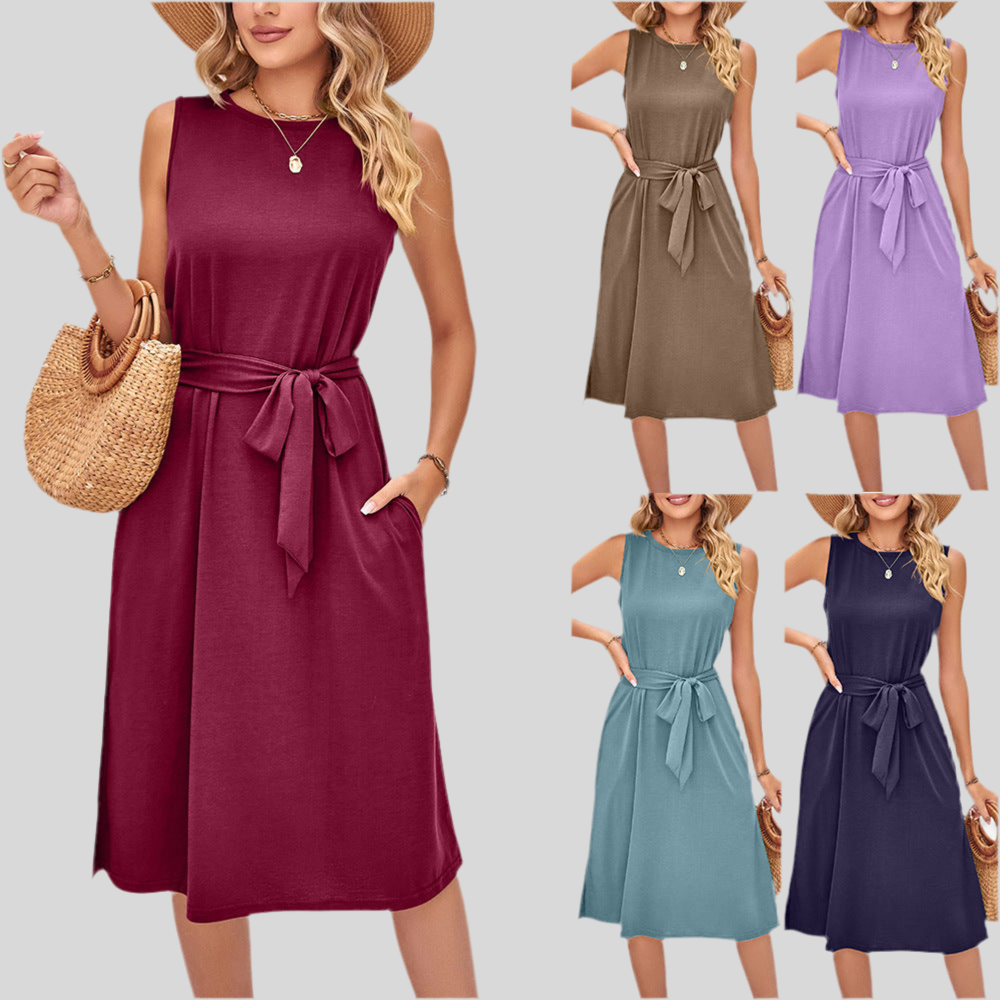 Sleeveless Belted Summer Midi Dress