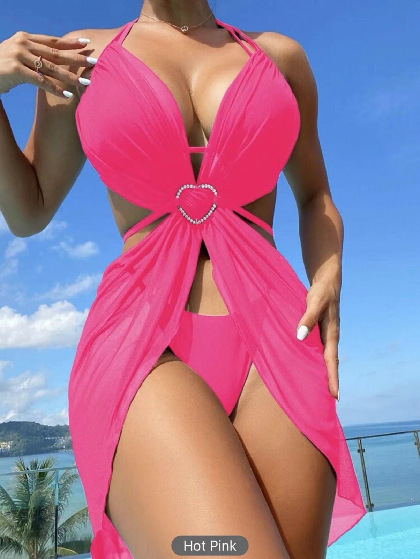 3-Piece Halter Neck Bikini Solid Color Split Swimsuit