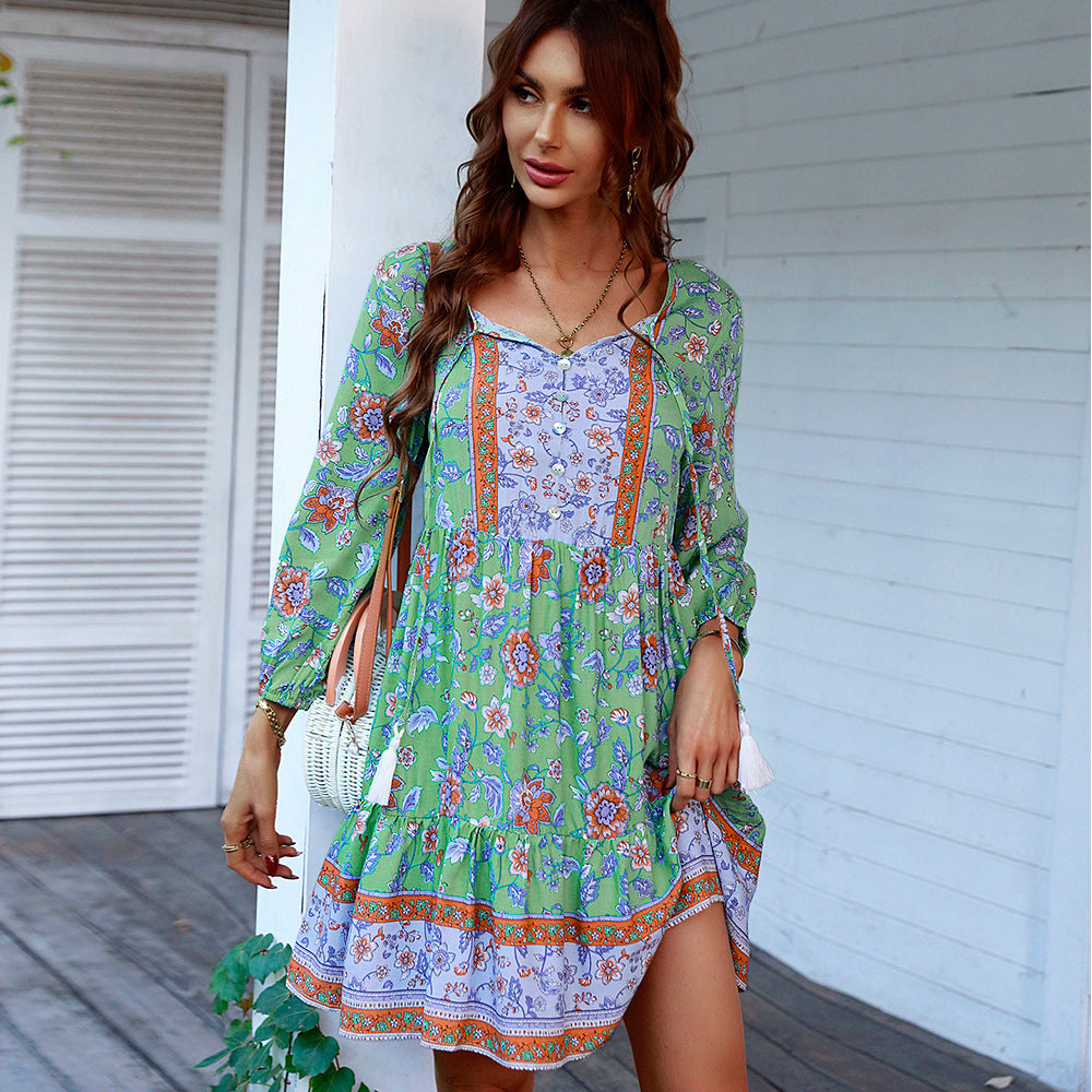 V-Neck Button-Down Boho Fringe Dress