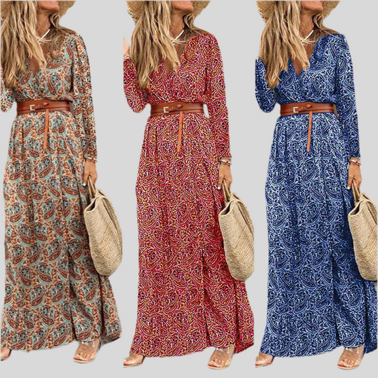 Long Sleeve V-neck Bohemian Floral Dress