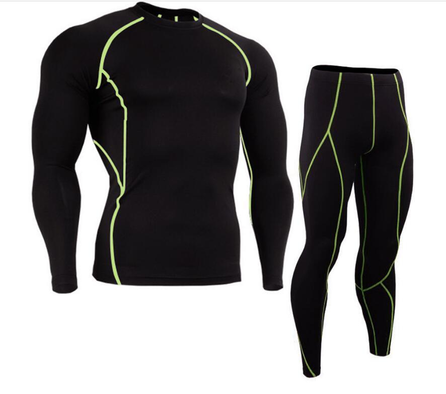 Mens Fitness Gym Suit with Long-Sleeve Tights and Quick-Dry Trousers