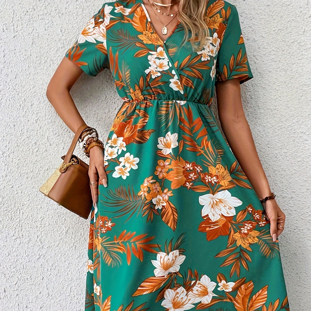 V-Neck Summer Printed Midi Dress