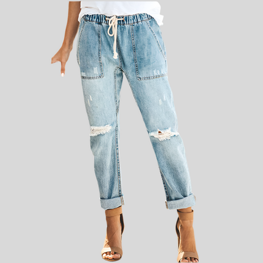 Straight-Leg Ripped Jeans for Women with Drawstring and Pockets