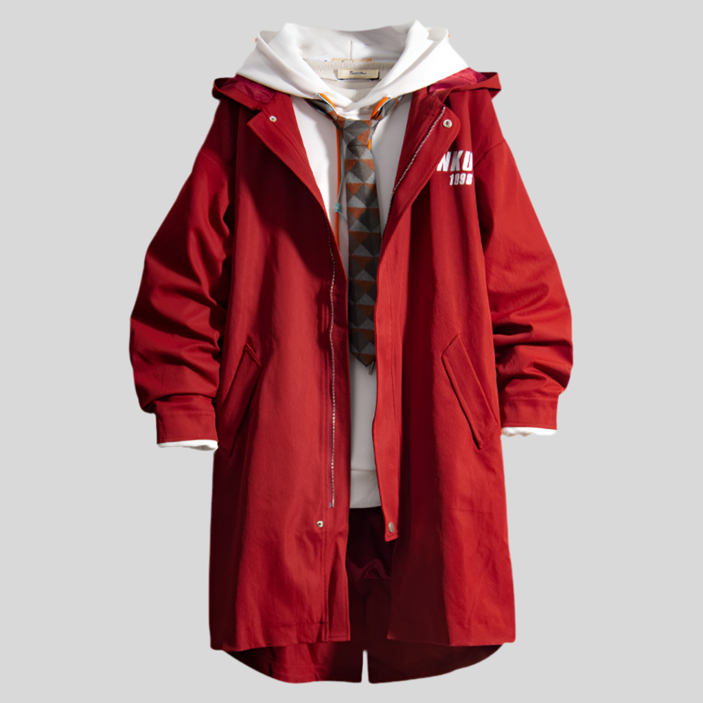 Red Solid Color Mid-length Windbreaker Jacket