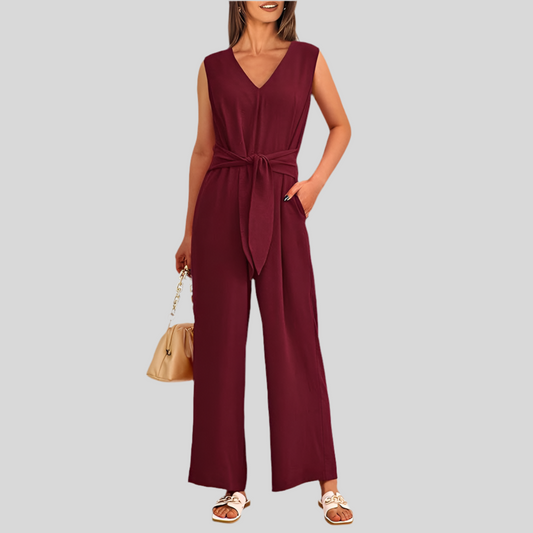 V-Neck Sleeveless Jumpsuit with Pockets and Lace-Up Wide-Leg Design