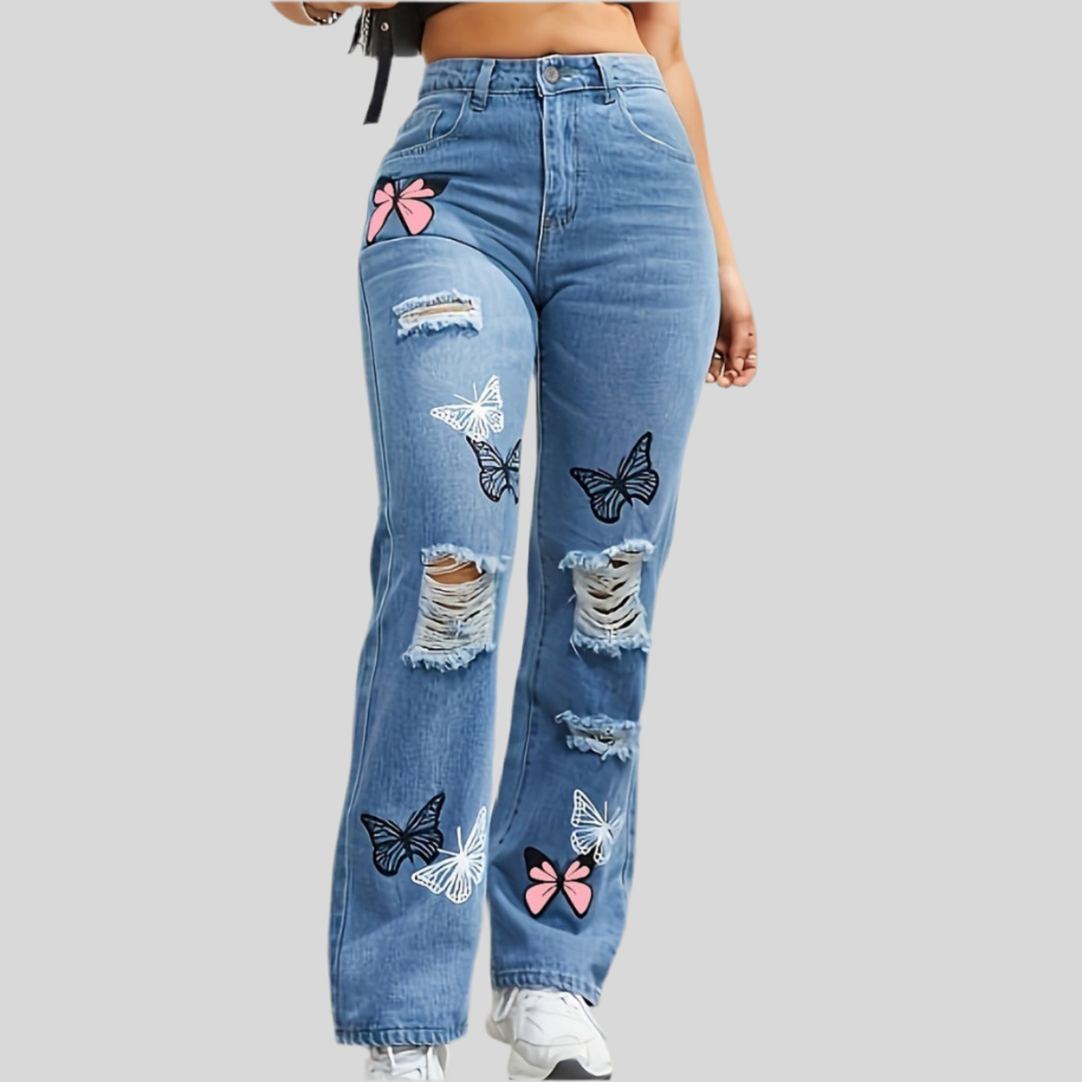 Trendy Butterfly Print High-Waisted Distressed Straight-Leg Jeans