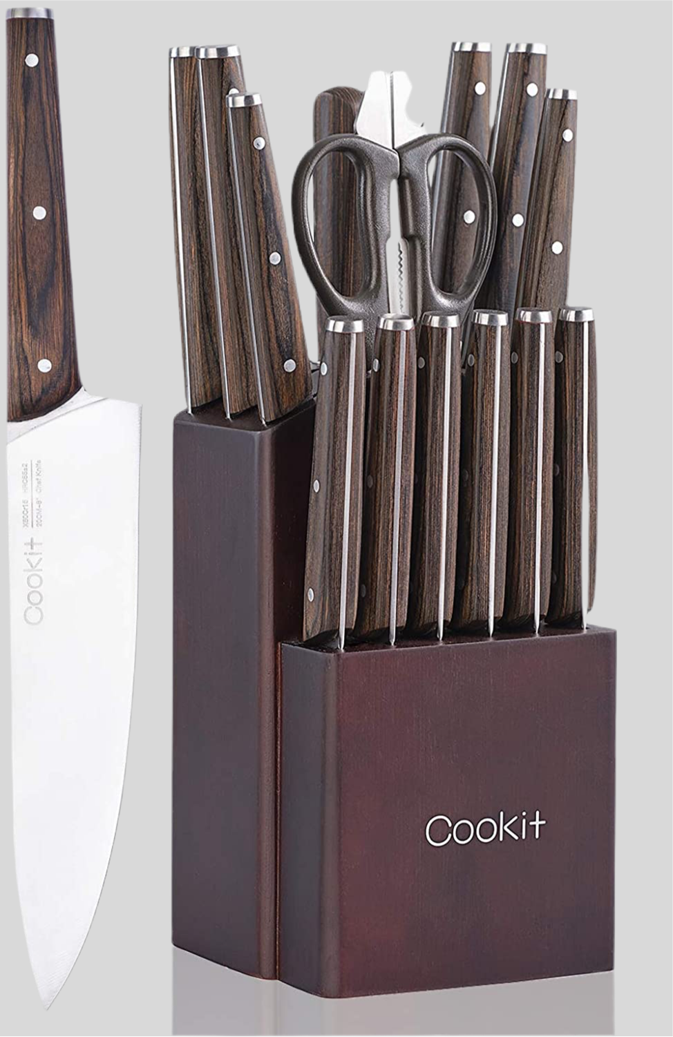 15-Piece Stainless Steel Kitchen Knife Set with Block and Manual Sharpener