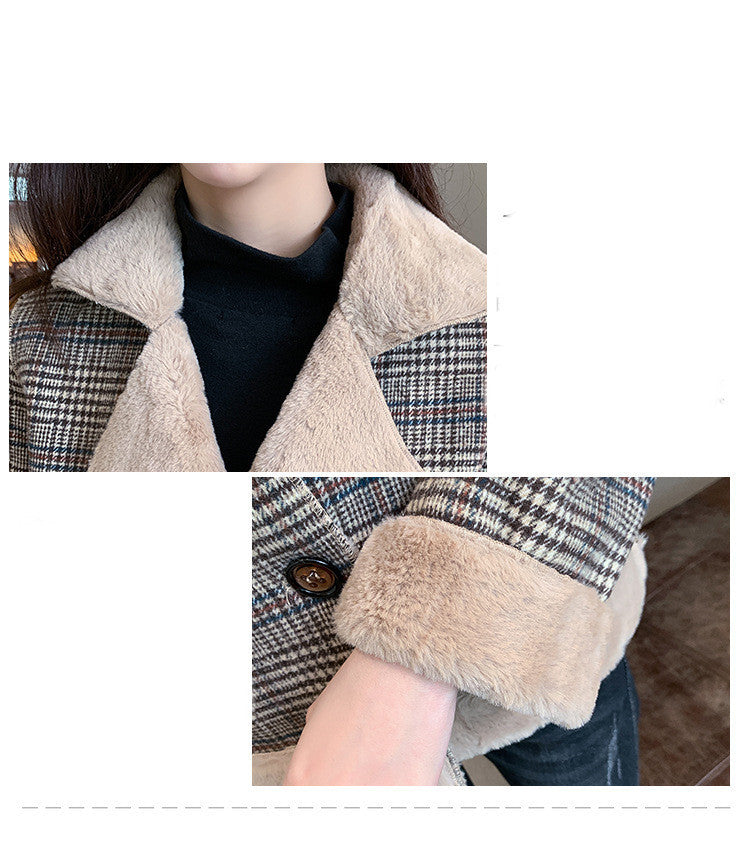 Plaid Luxe Woolen Fur Coat