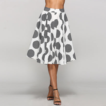 Polka Dot Round Mid-Length Skirt with Wide Hem