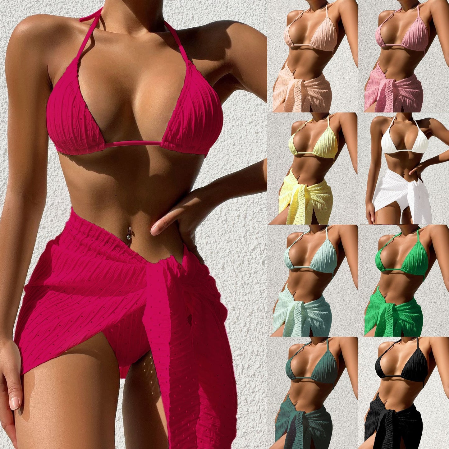 3pcs Halterneck Backless Bikini Set with Mesh Skirt