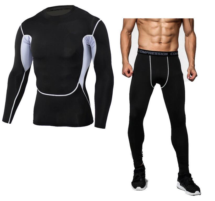 Mens Fitness Gym Suit with Long-Sleeve Tights and Quick-Dry Trousers