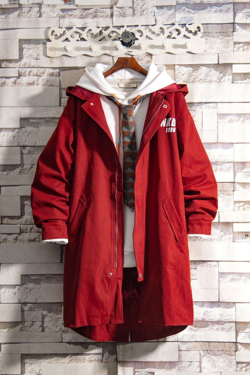 Red Solid Color Mid-length Windbreaker Jacket