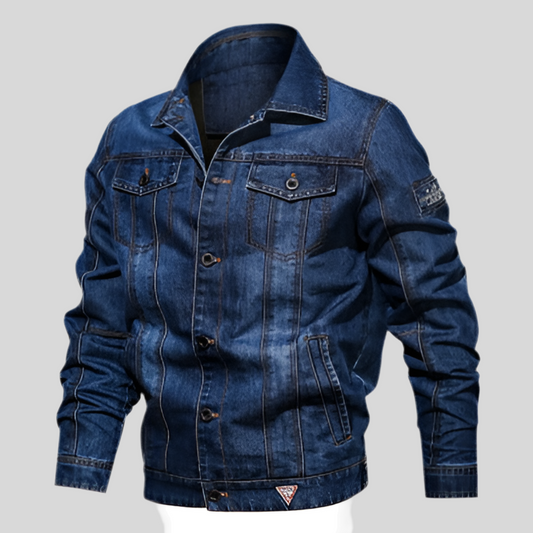 Men’s Large Size Denim Jacket with Multi-Pockets and Lapel